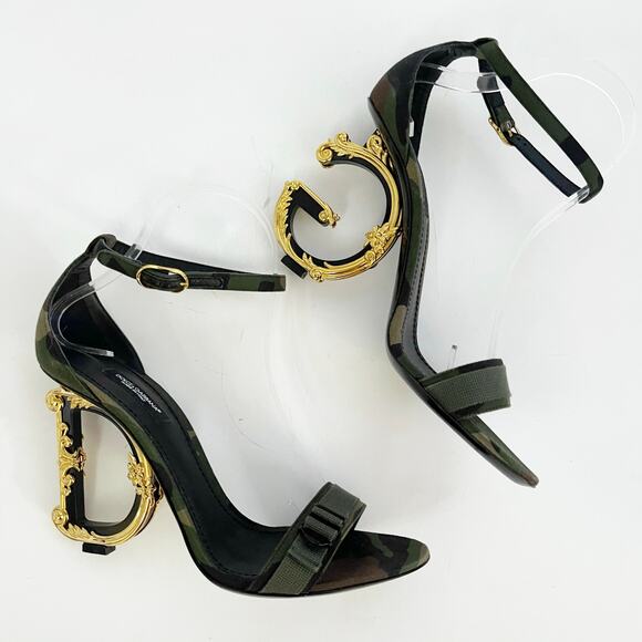 Dolce & Gabbana Keira Green Camouflage DG Logo Baroque Heel Sandals IT 39.5 - Picture 3 of 10
